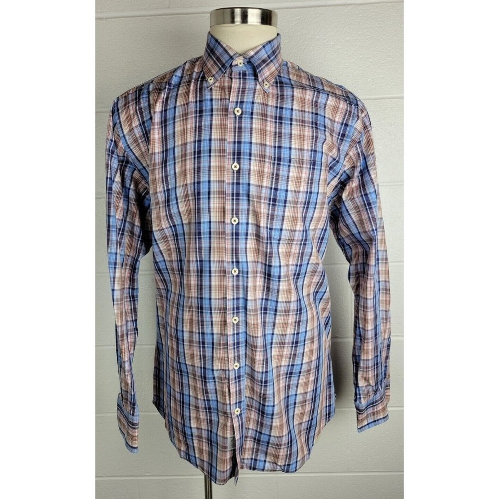 Peter Millar Mens Cotton Long  Sleeve Plaid Button Front Shirt Blue Brown XL‎